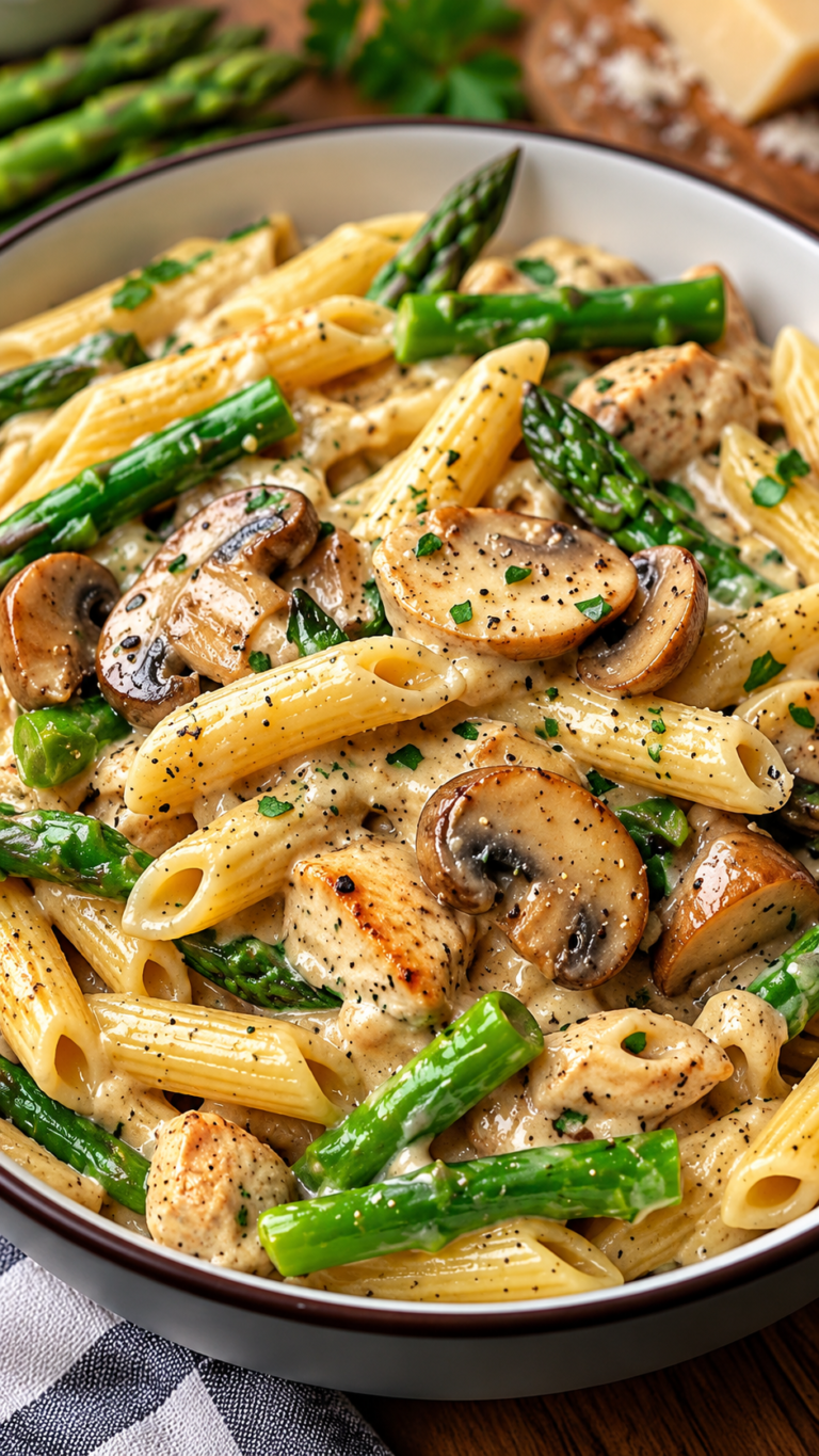 Creamy Mushroom and Asparagus Chicken Penne
