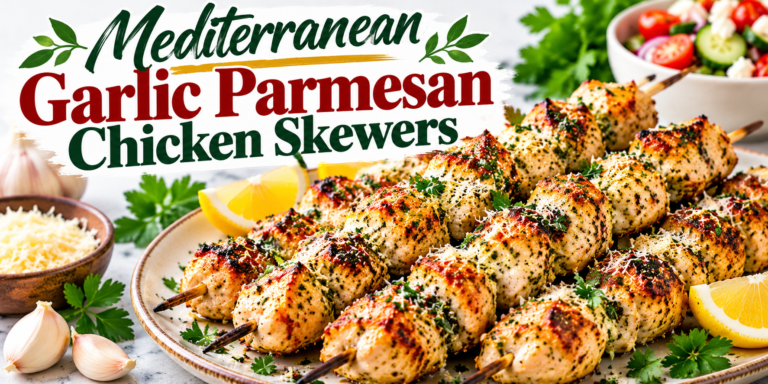 Mediterranean Garlic Parmesan Chicken Skewers with lemon, herbs, Parmesan, and garlic