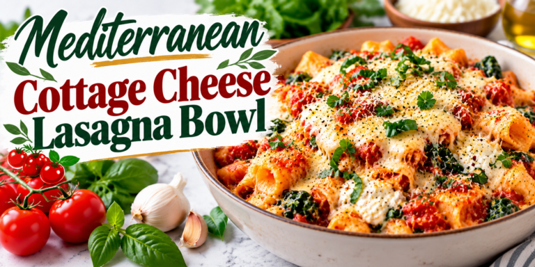 Mediterranean Cottage Cheese Lasagna Bowl with pasta, spinach, marinara sauce, mozzarella, herbs, and cottage cheese