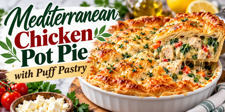 Mediterranean Chicken Pot Pie with golden puff pastry, creamy chicken filling, vegetables, feta, and herbs