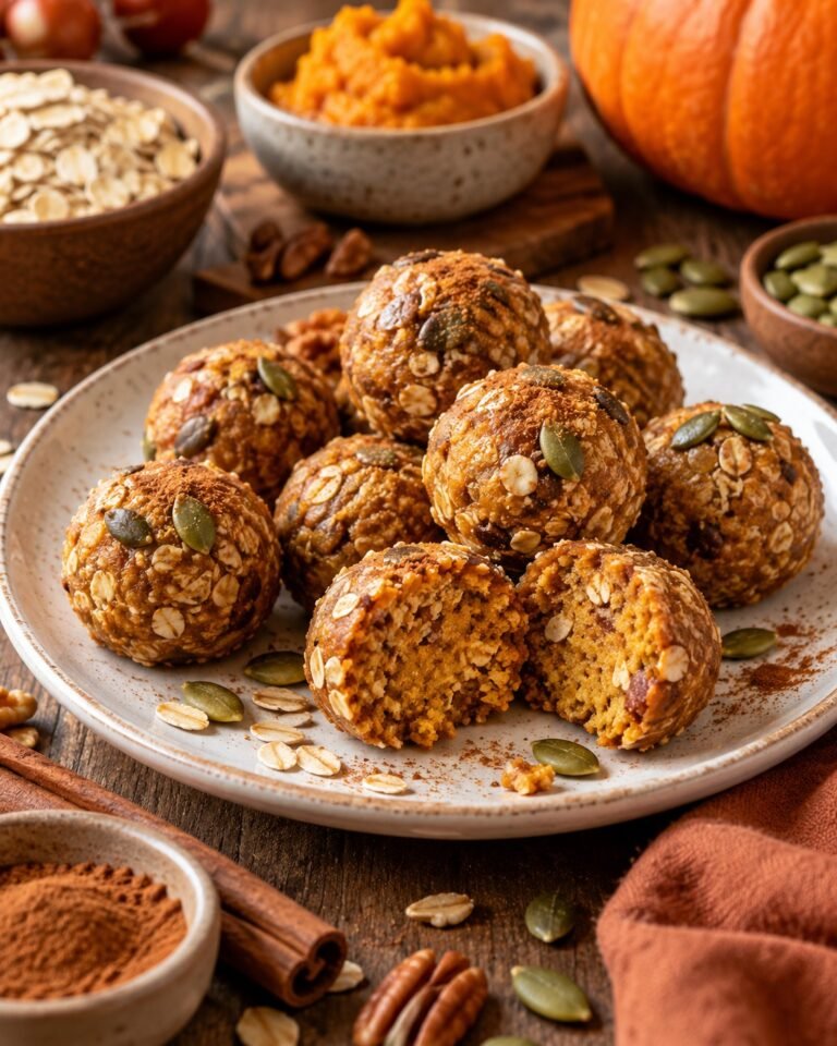 Pumpkin Protein Balls with pumpkin puree, oats, nut butter, vanilla protein powder, flaxseed, cinnamon, and chocolate chips