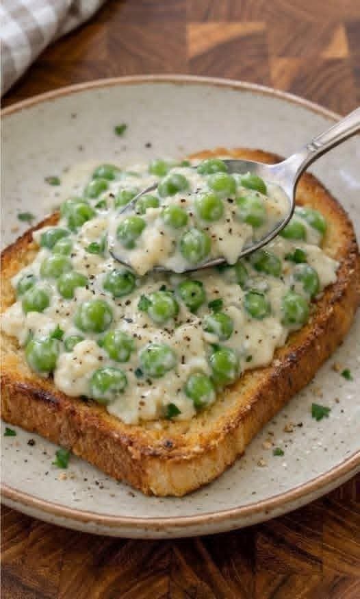 Creamed Peas served over crisp golden toast with creamy white sauce, green peas, black pepper, and fresh herbs
