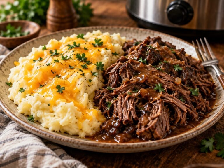 Pulled Beef and Mashed Potatoes with tender shredded beef, savory gravy, creamy cheesy mashed potatoes, cheddar, and fresh parsley