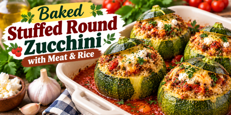 Stuffed Round Zucchini with seasoned meat, rice, tomatoes, herbs, feta, and savory tomato sauce
