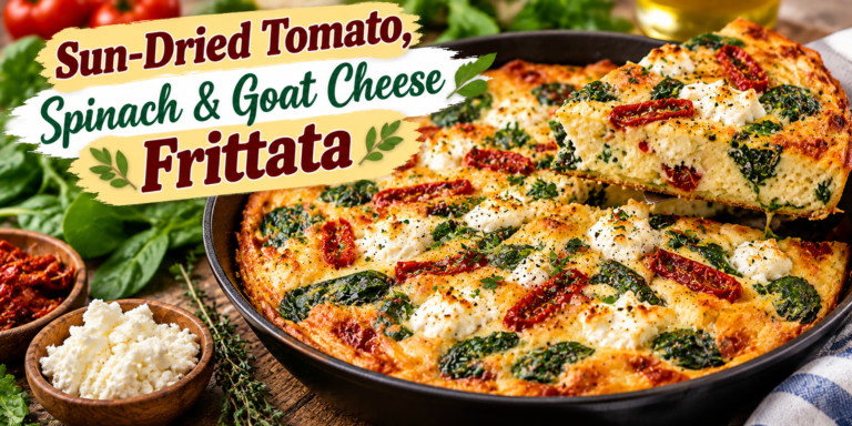 Goat Cheese Frittata with sun-dried tomatoes, spinach, eggs, fresh herbs, and creamy goat cheese