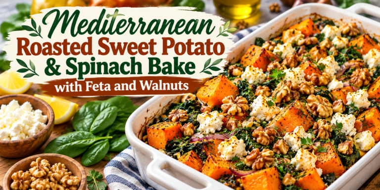 Mediterranean Sweet Potato Spinach Bake with feta, walnuts, garlic, lemon, and fresh herbs
