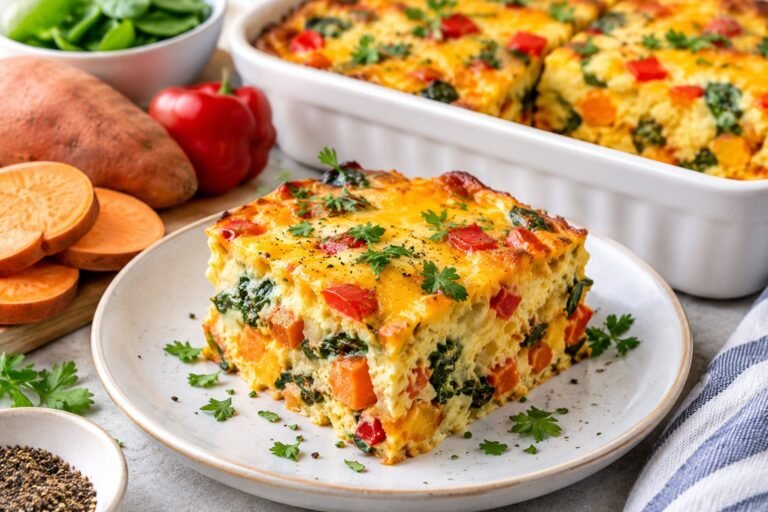 Sweet Potato Egg Bake with eggs, sweet potatoes, spinach, bell peppers, tomatoes, herbs, and melted cheese