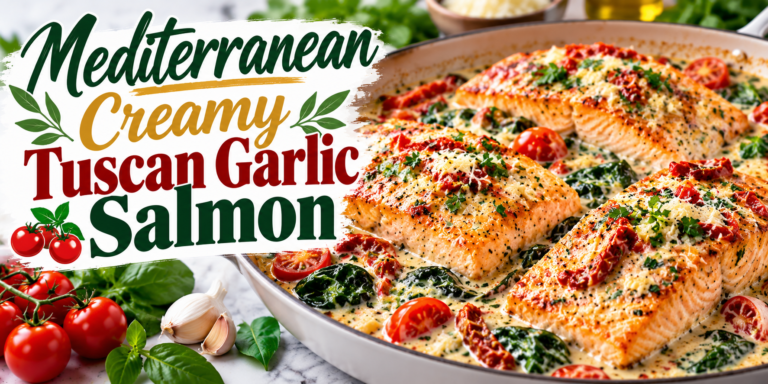 Mediterranean Tuscan Garlic Salmon with creamy garlic sauce, spinach, sun-dried tomatoes, and Parmesan
