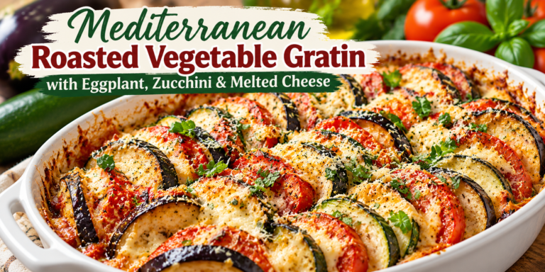 Mediterranean Roasted Vegetable Gratin with eggplant, zucchini, tomatoes, mozzarella, Parmesan, and feta