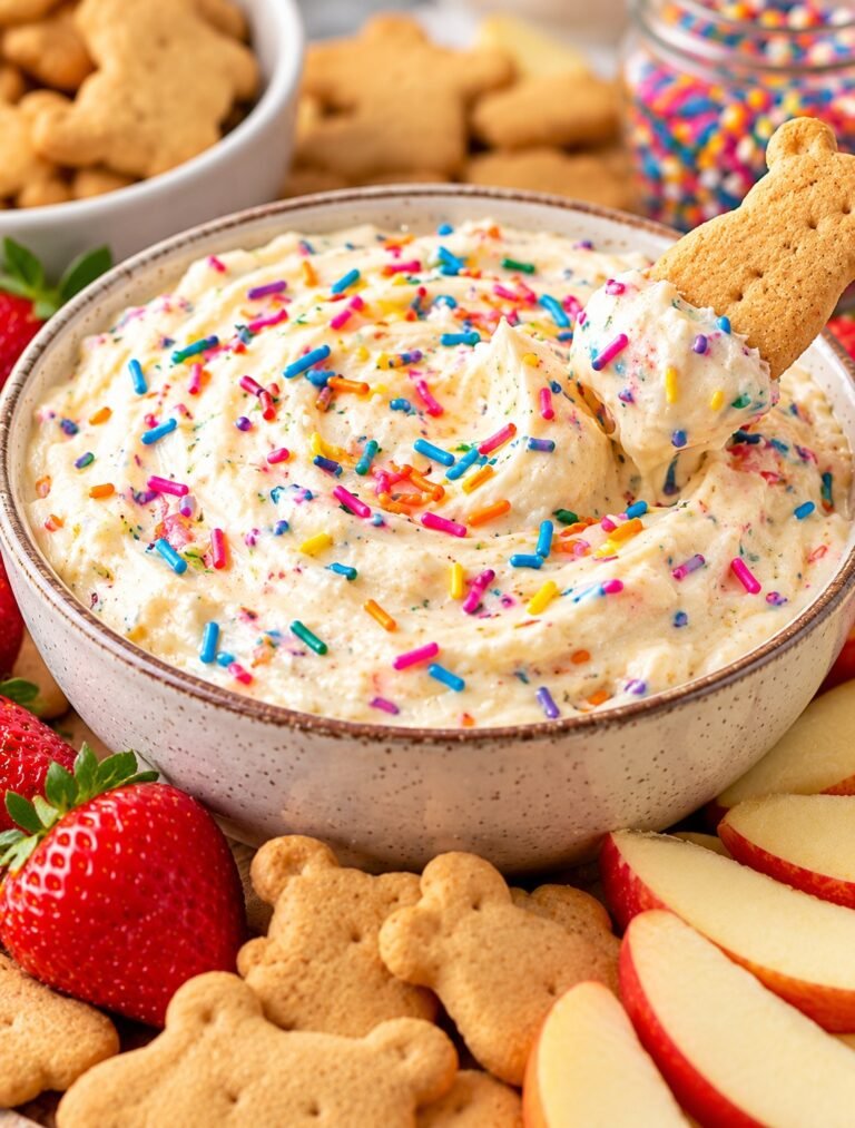 Dunkaroo Protein Dip with Greek yogurt, vanilla protein powder, pudding mix, and colorful rainbow sprinkles