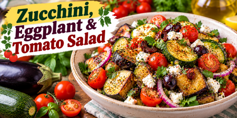 Zucchini Eggplant Tomato Salad with roasted zucchini, eggplant, cherry tomatoes, feta, olives, fresh herbs, and lemon dressing
