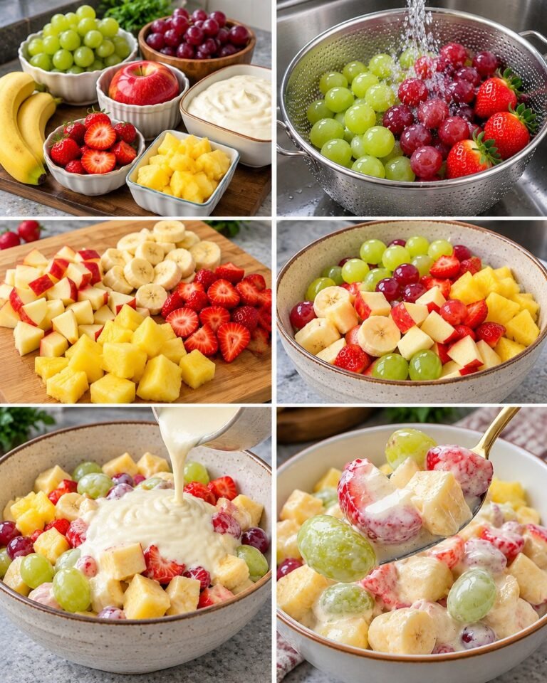 Creamy Fruit Salad with grapes, strawberries, blueberries, pineapple, apples, bananas, and a creamy yogurt dressing