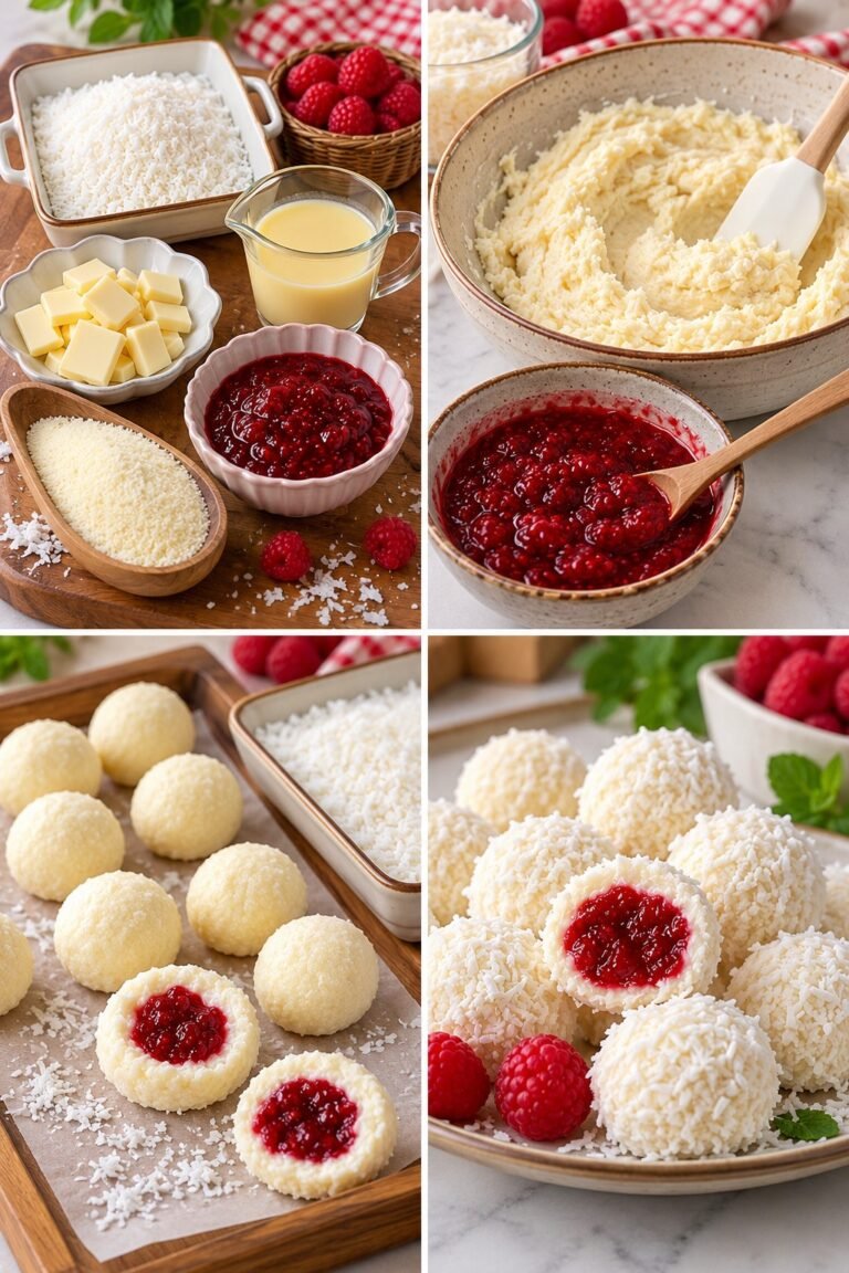 Coconut Raspberry Truffles with creamy coconut coating, sweet raspberry centers, shredded coconut, and a soft no-bake texture